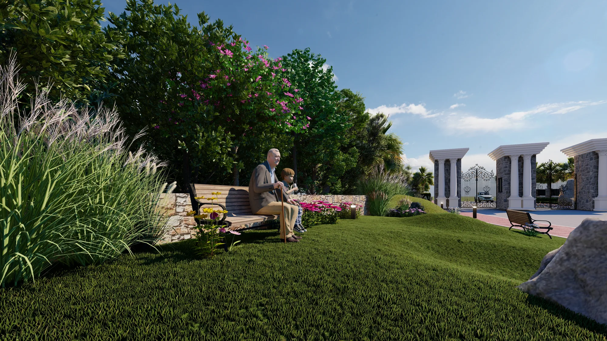 Garden lawns by the entrance gate